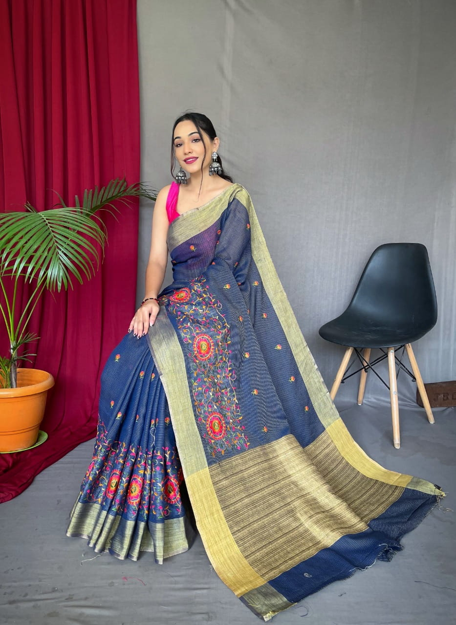 Linen Saree All Over Colorful Embroidery Jaal Work Saree