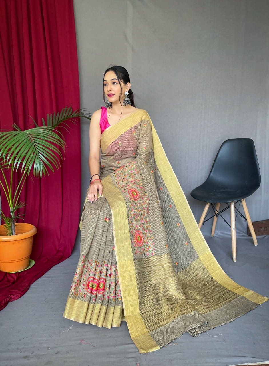 Linen Saree All Over Colorful Embroidery Jaal Work Saree