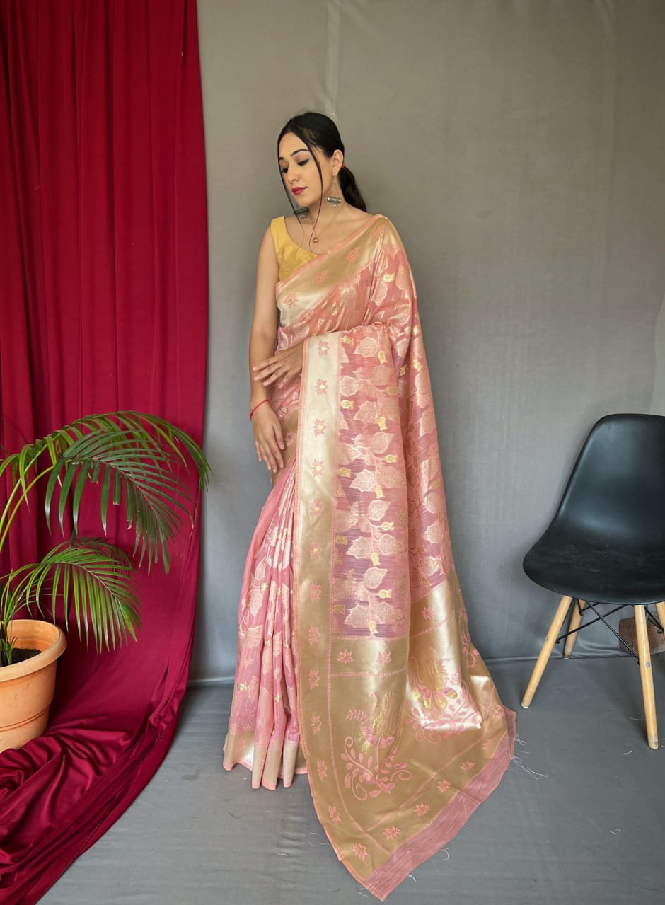 Pure Linen Slub All Over Gold And Silver Zari Weaved Saree