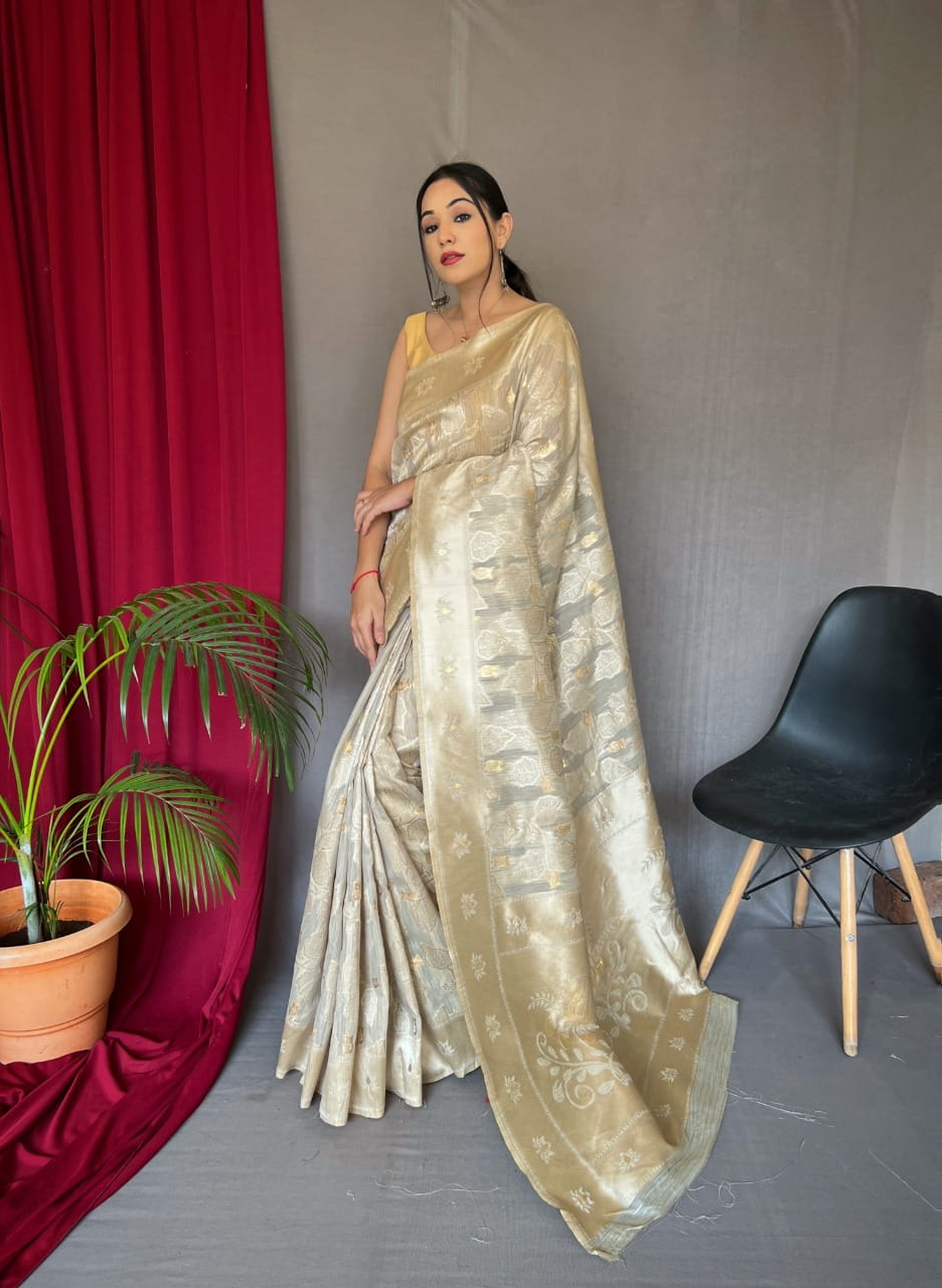 Pure Linen Slub All Over Gold And Silver Zari Weaved Saree