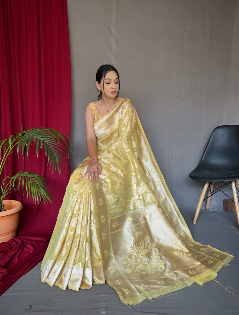 Pure Linen Slub All Over Gold And Silver Zari Weaved Saree