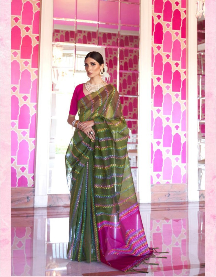 Mehendi Green Pure Chanderi Cotton Multi Color Tye And Dye Thread Work Pattu Border Saree
