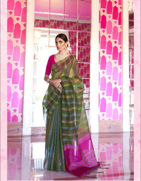 Image of Mehendi Green Pure Chanderi Cotton Multi Color Tye And Dye Thread Work Pattu Border Saree