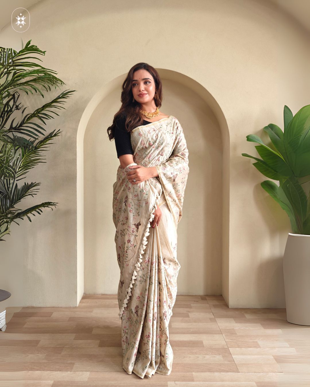 Beige Premium Pure Loom Tussar Silk Hand Embroidered Saree