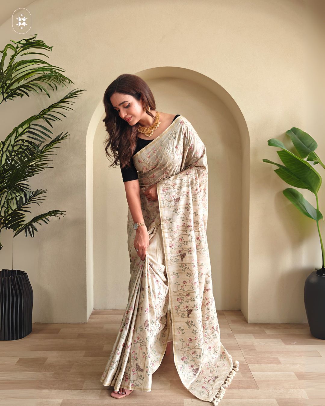 Beige Premium Pure Loom Tussar Silk Hand Embroidered Saree