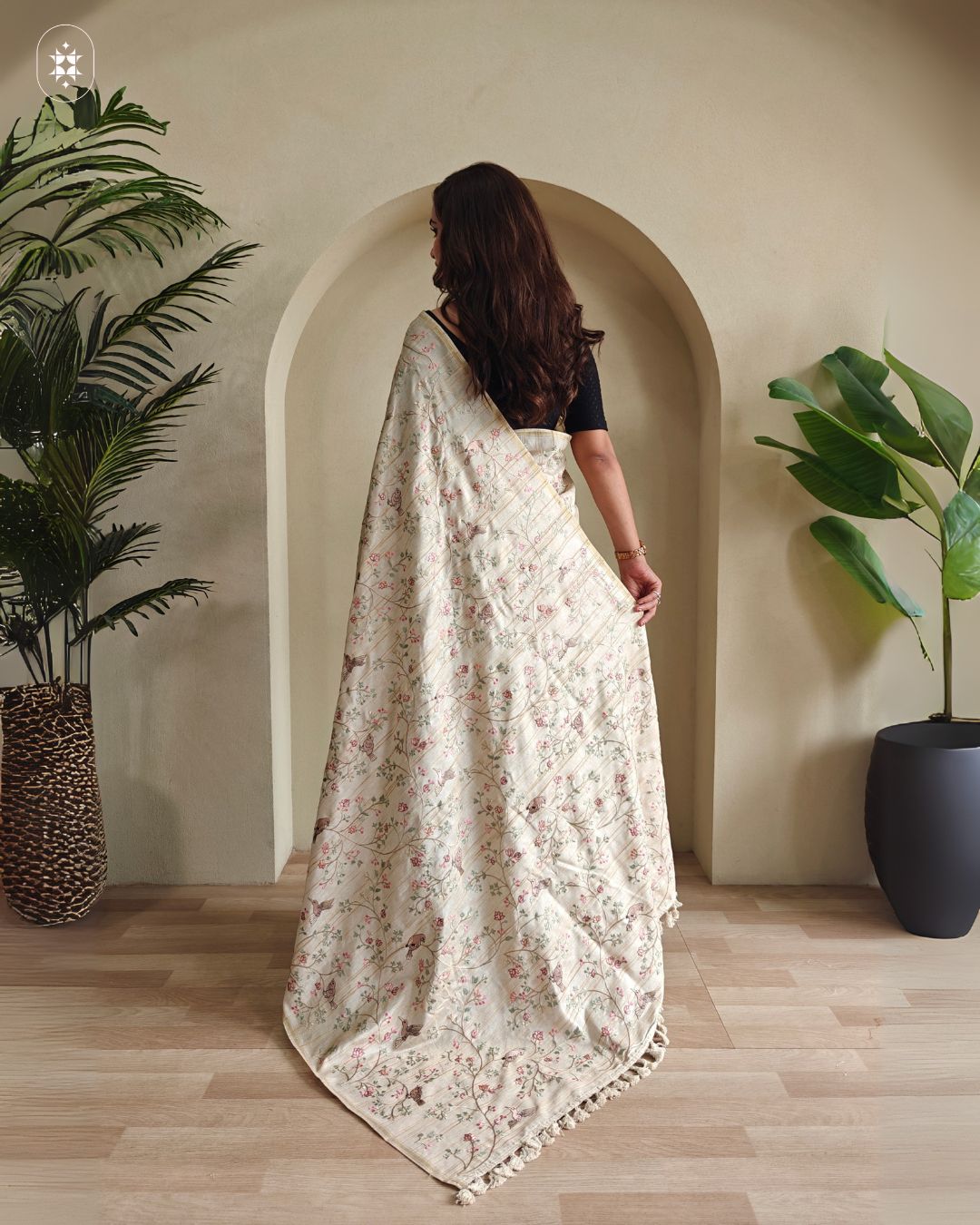 Beige Premium Pure Loom Tussar Silk Hand Embroidered Saree