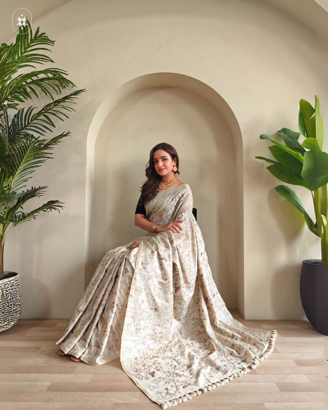 Beige Premium Pure Loom Tussar Silk Hand Embroidered Saree