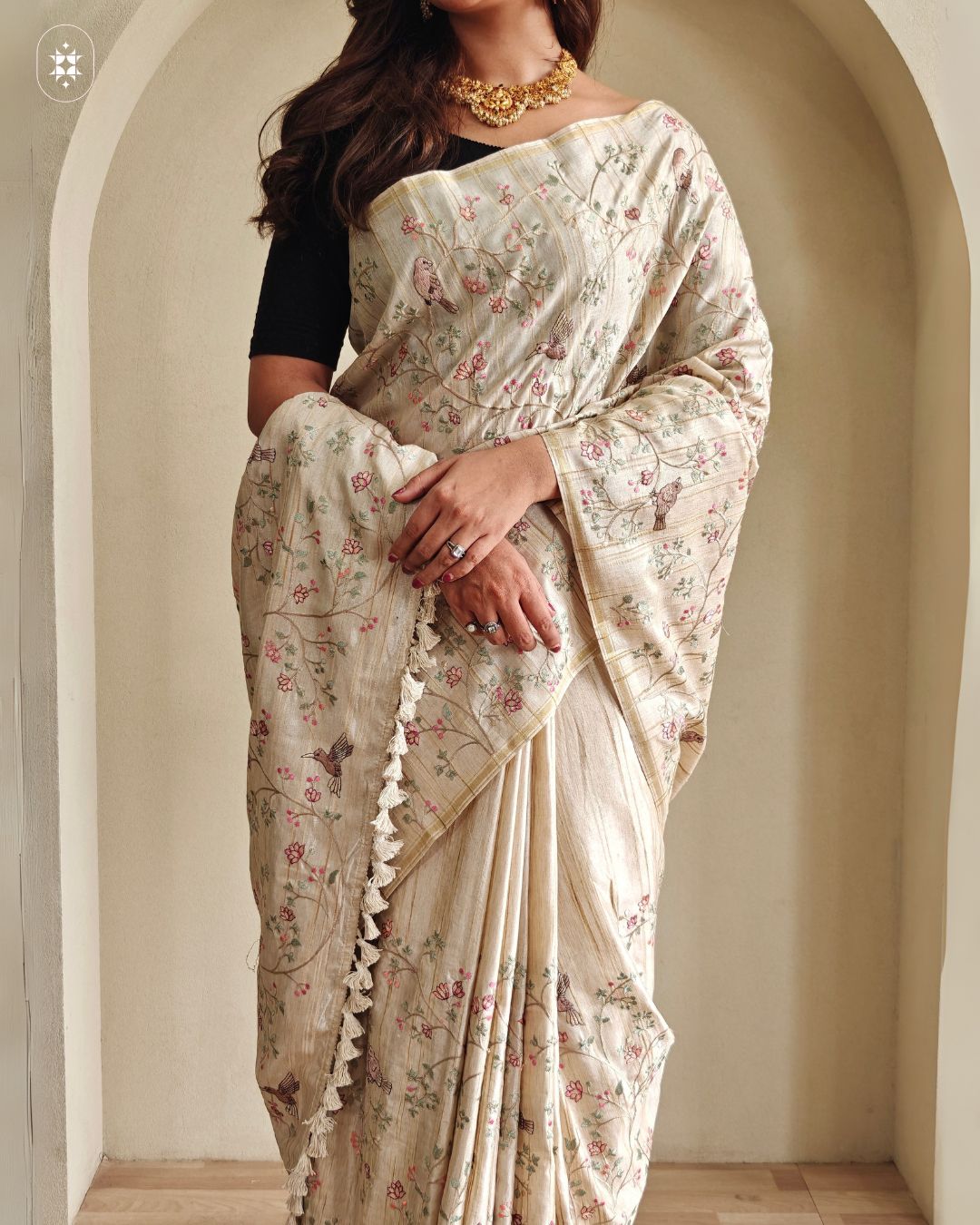 Beige Premium Pure Loom Tussar Silk Hand Embroidered Saree