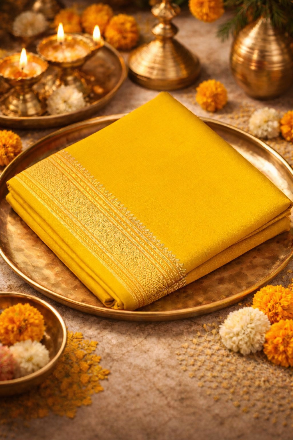 Yellow Cotton Soft Plain Silk Zari Border Mandir Daan Saree