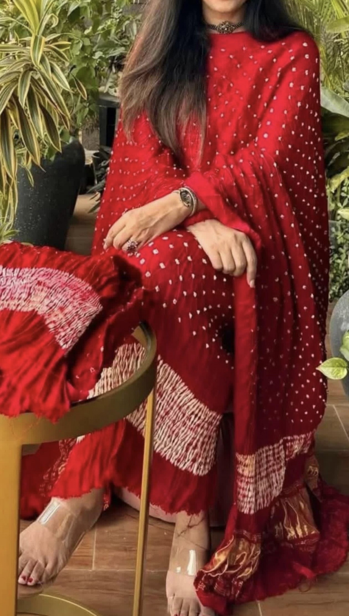 Crimson Red Bandhani Shibori Unstitched Suit Set in Pure Modal Silk