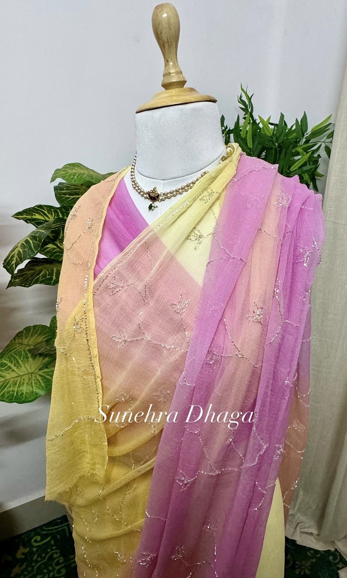 Yellow Peach Pink Ombre Diamond Chiffon Handwork Saree
