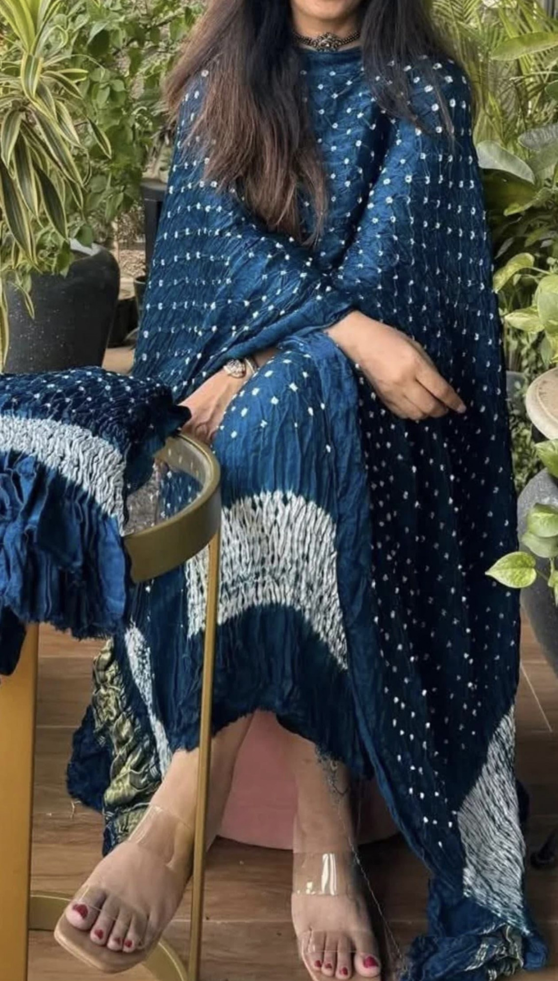 Indigo Blue Bandhani Shibori Unstitched Suit Set in Pure Modal Silk