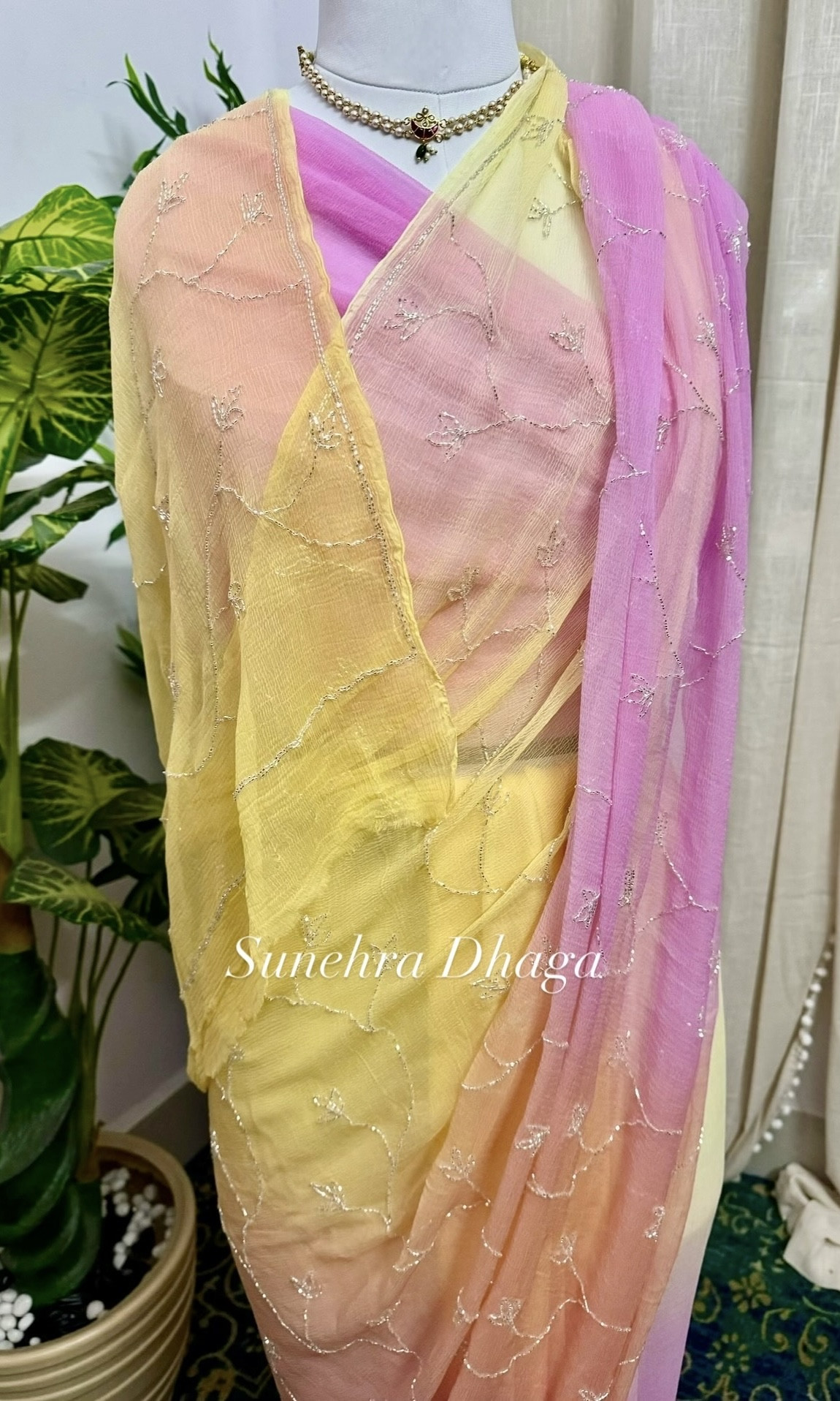 Yellow Peach Pink Ombre Diamond Chiffon Handwork Saree