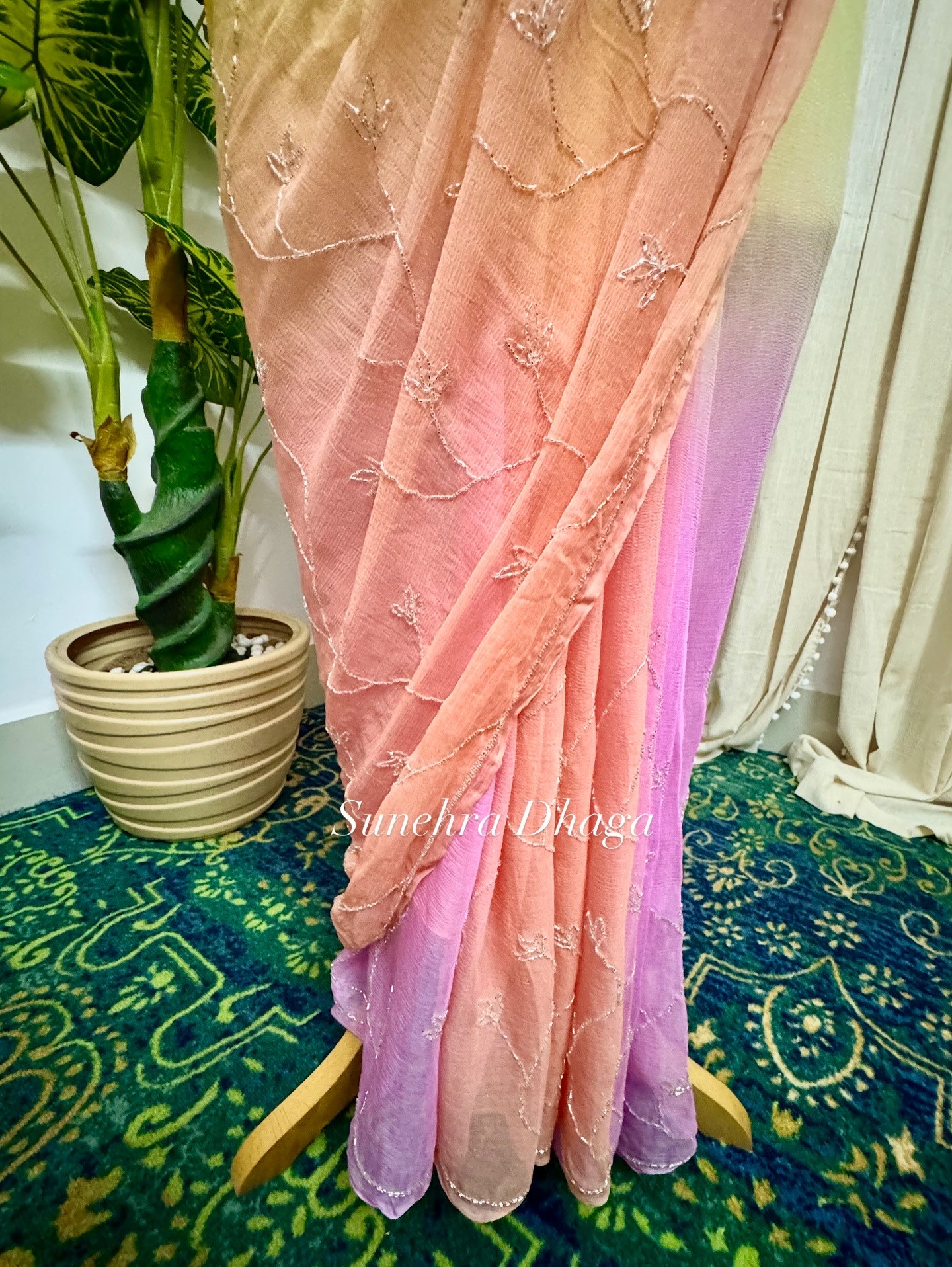 Yellow Peach Pink Ombre Diamond Chiffon Handwork Saree