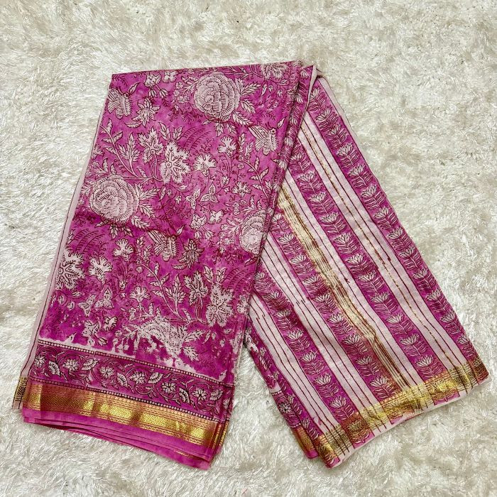 GULABI SAAZ-Maheshwari Silk Cotton Saree Handblock Prints