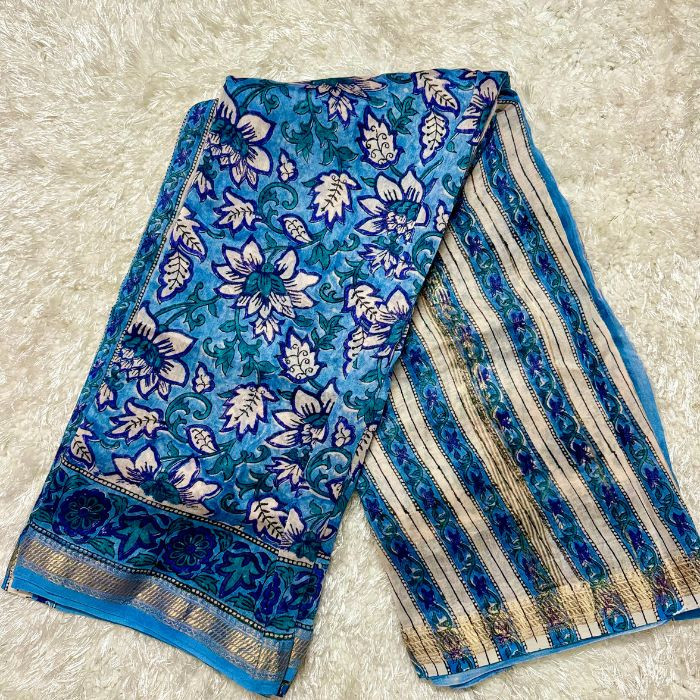SAMANDAR NEELA-Maheshwari Silk Cotton Saree Handblock Prints