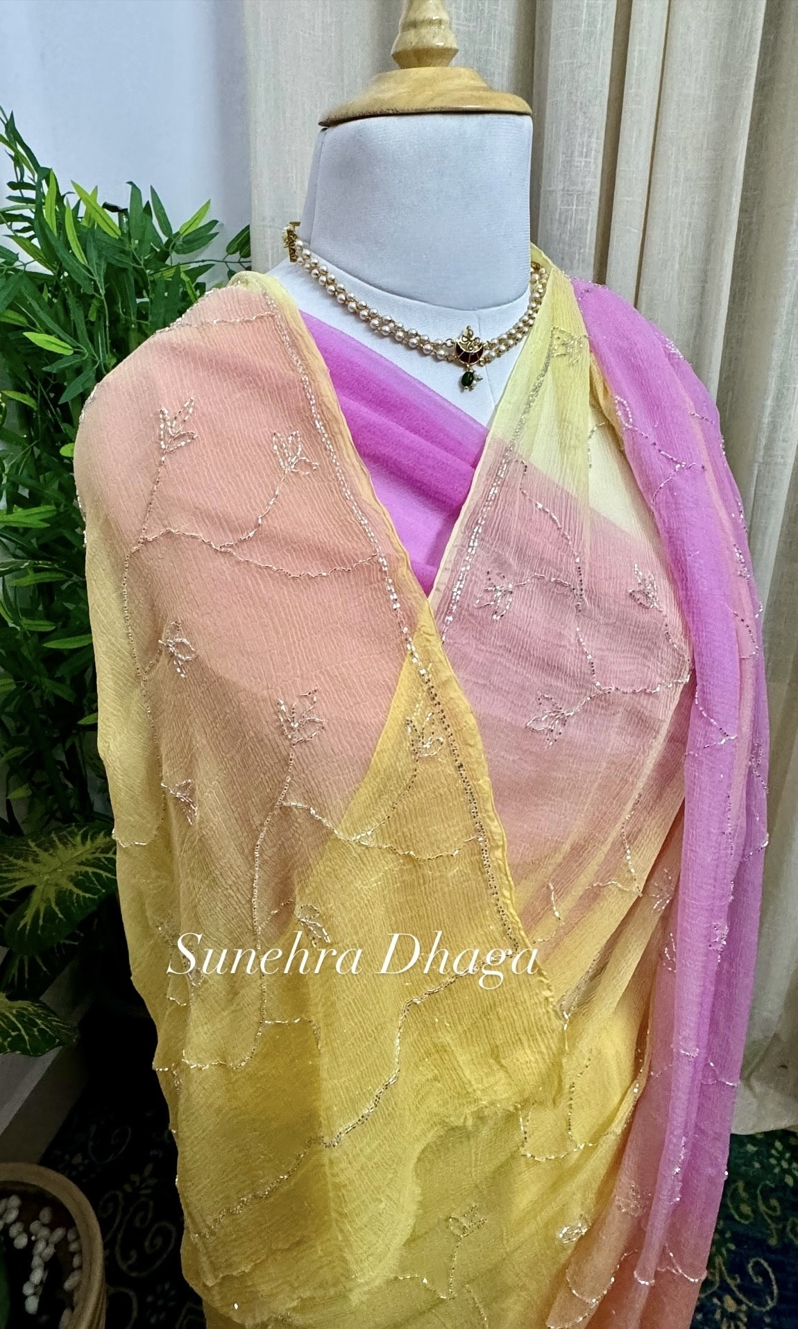 Yellow Peach Pink Ombre Diamond Chiffon Handwork Saree