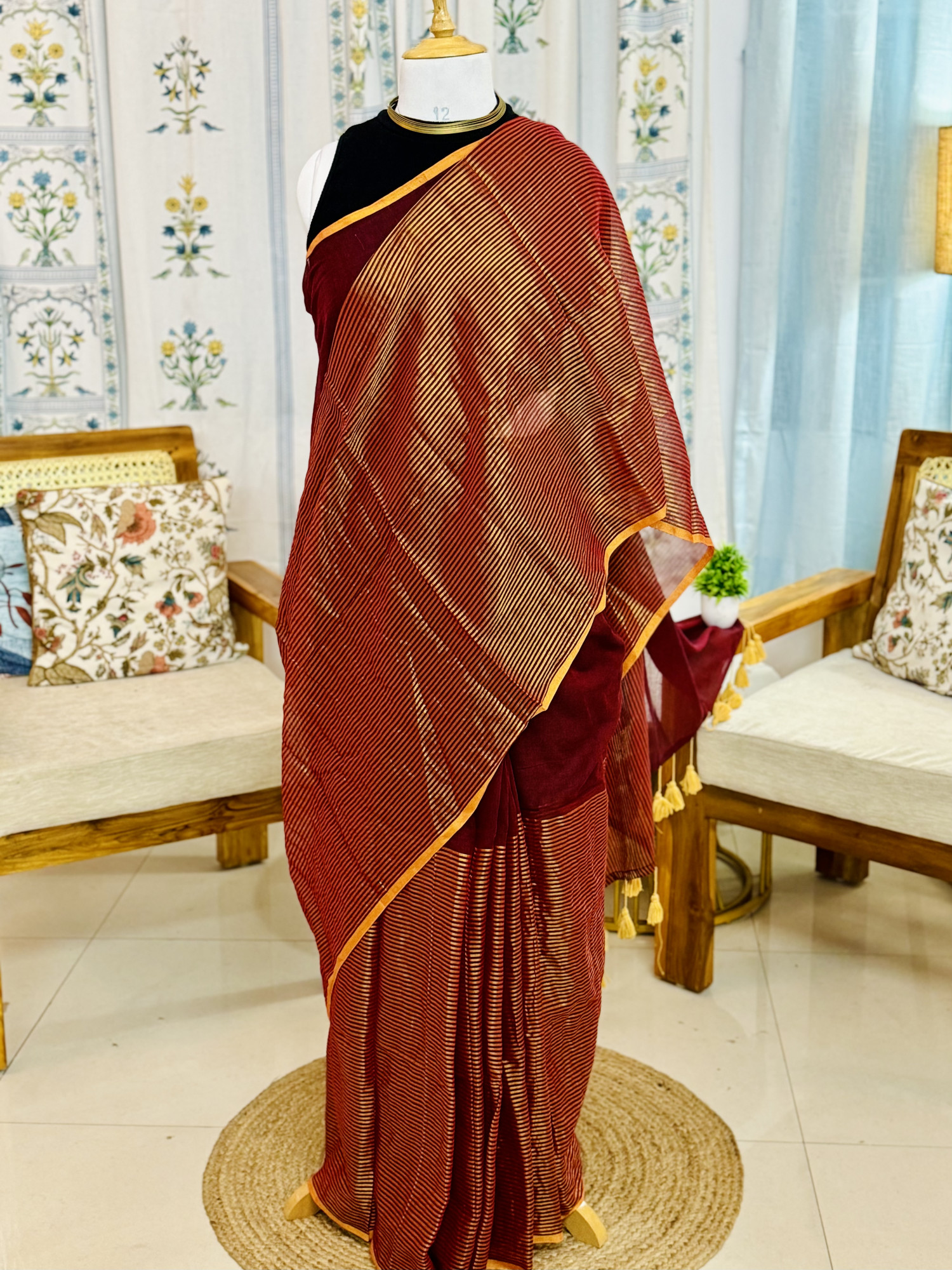 Handwoven Maroon Mulmul Cotton Saree with Golden Zari Stripes and Orange Border