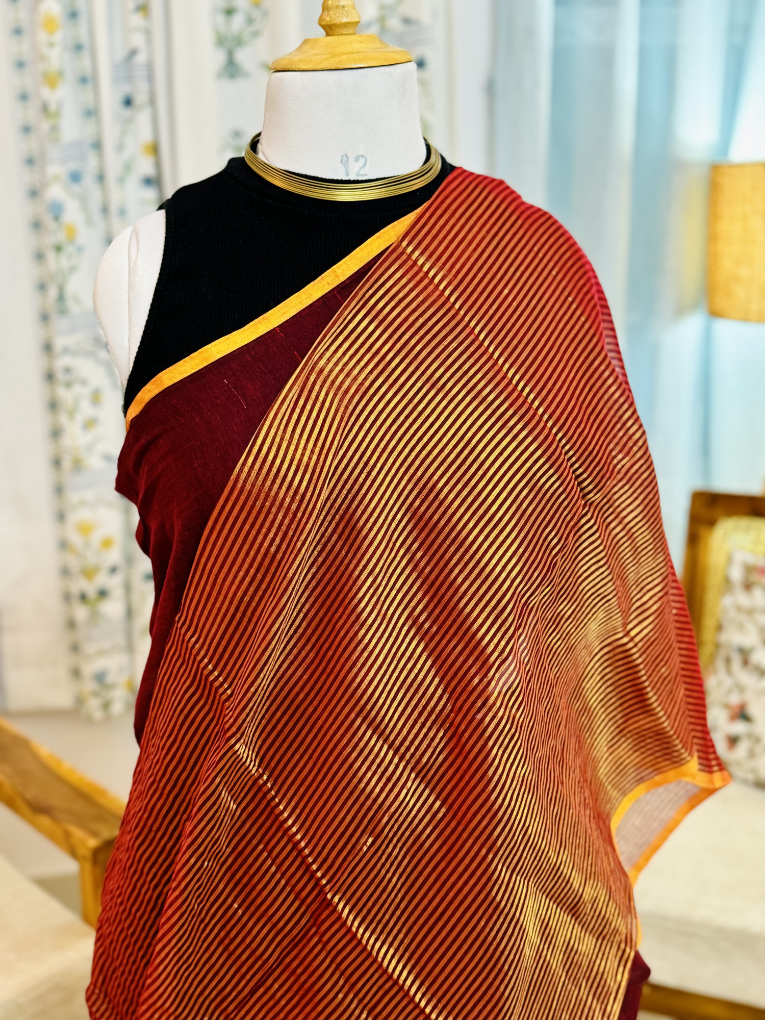 Handwoven Maroon Mulmul Cotton Saree with Golden Zari Stripes and Orange Border