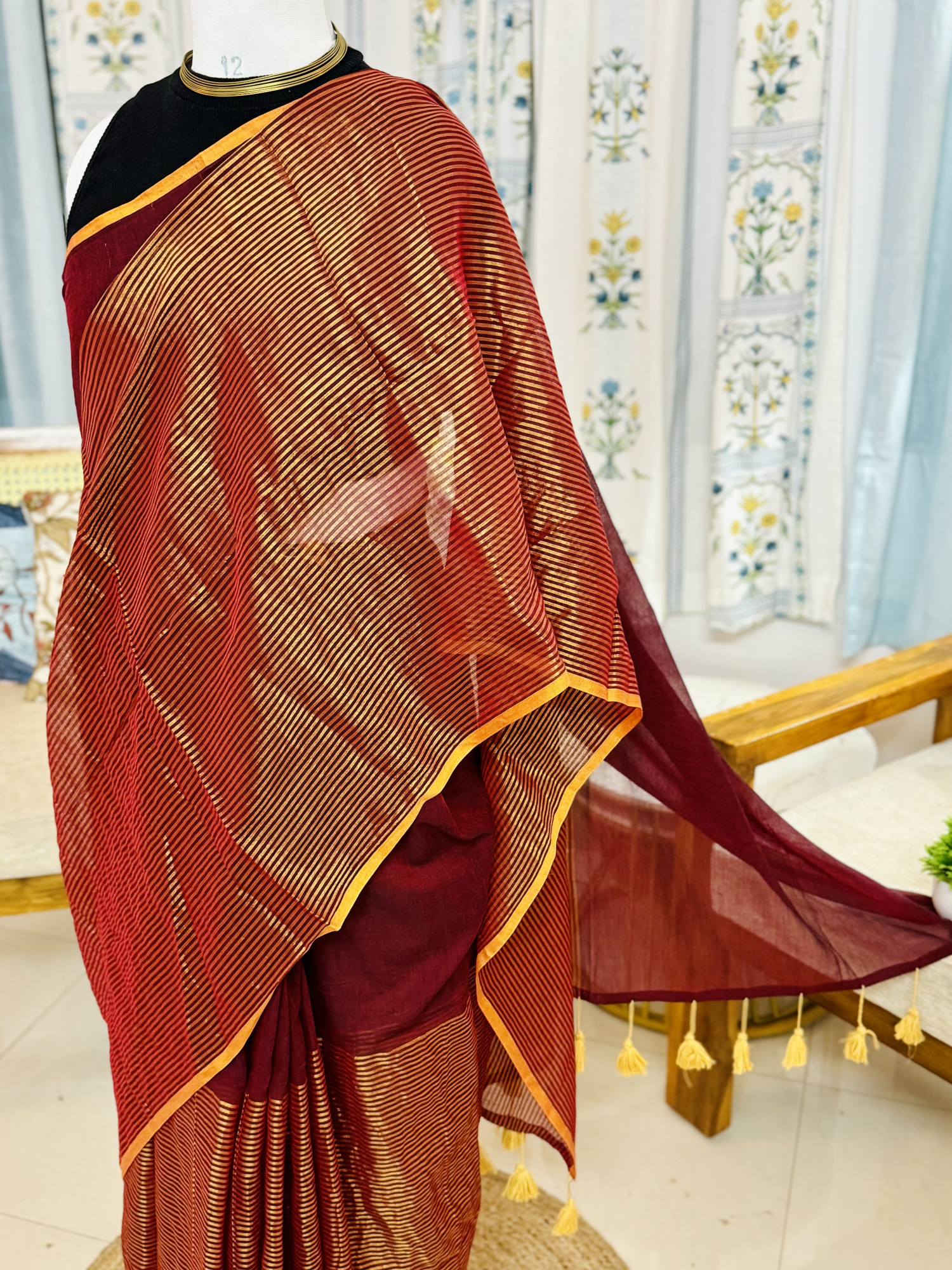 Handwoven Maroon Mulmul Cotton Saree with Golden Zari Stripes and Orange Border