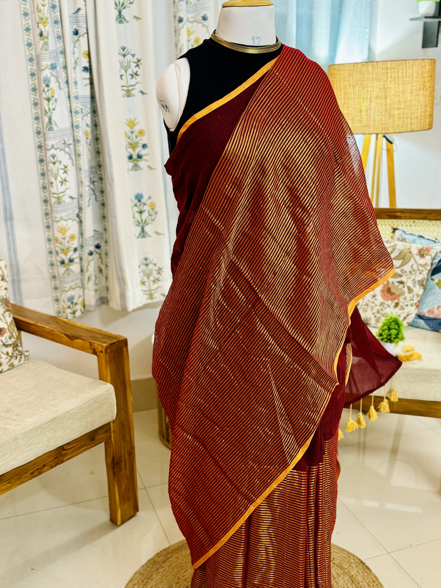 Handwoven Maroon Mulmul Cotton Saree with Golden Zari Stripes and Orange Border
