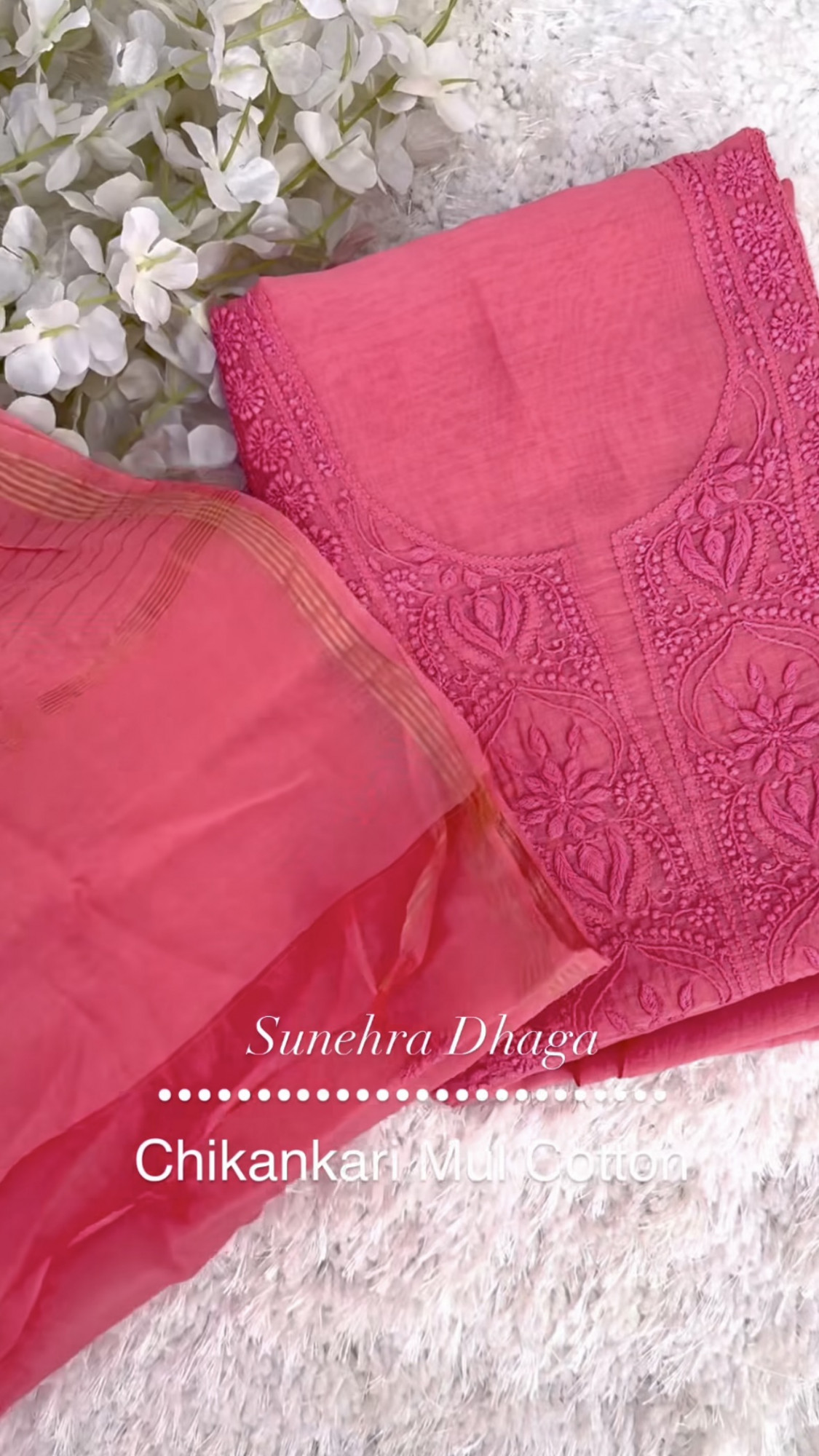 RANI RESHAM-Chikankari Unstitched Kurta Dupatta Mul Cotton Suit Set Fuschia Pink