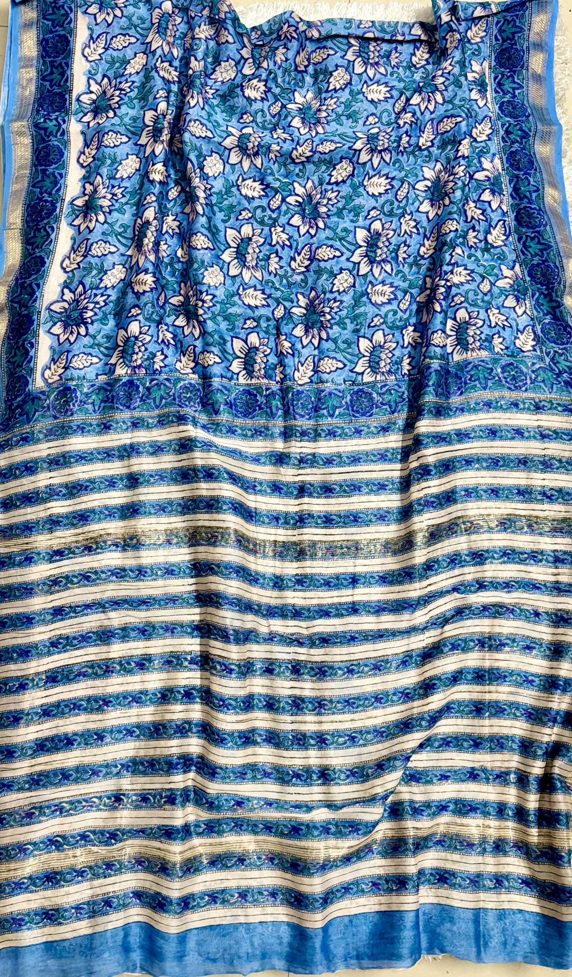 SAMANDAR NEELA-Maheshwari Silk Cotton Saree Handblock Prints