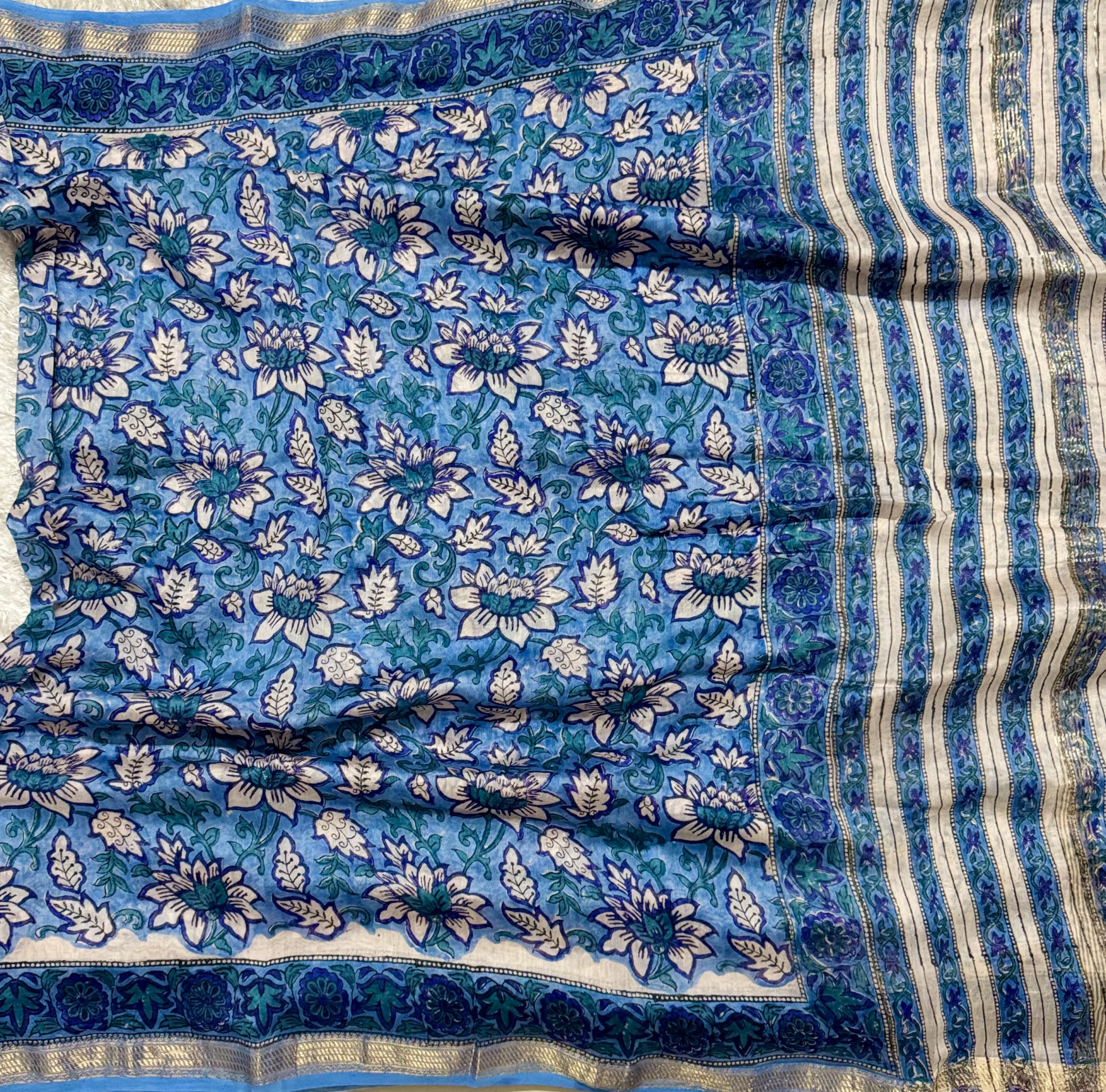 SAMANDAR NEELA-Maheshwari Silk Cotton Saree Handblock Prints