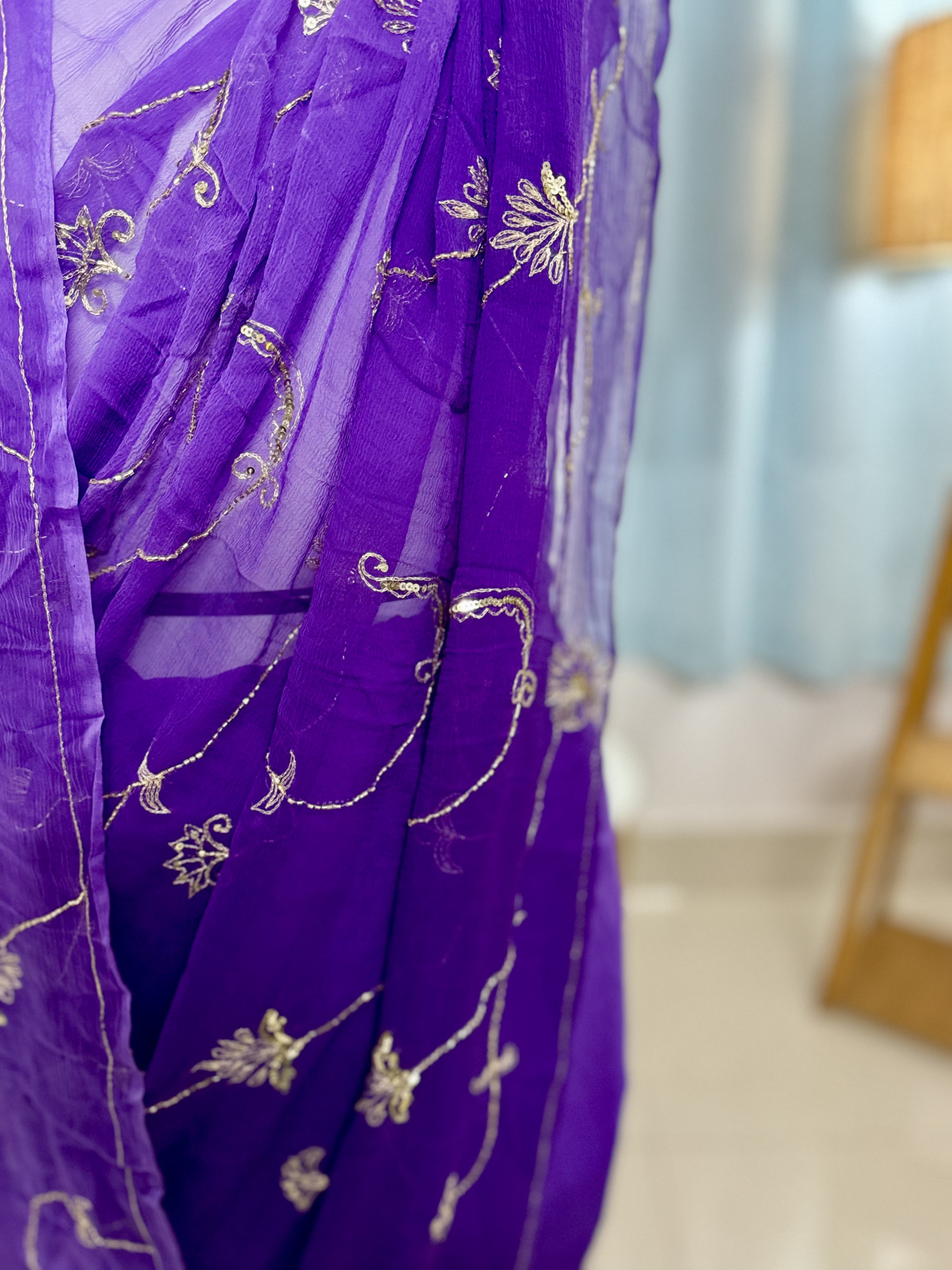 Ombre Purple Diamond Chiffon Hand Embroidered Saree