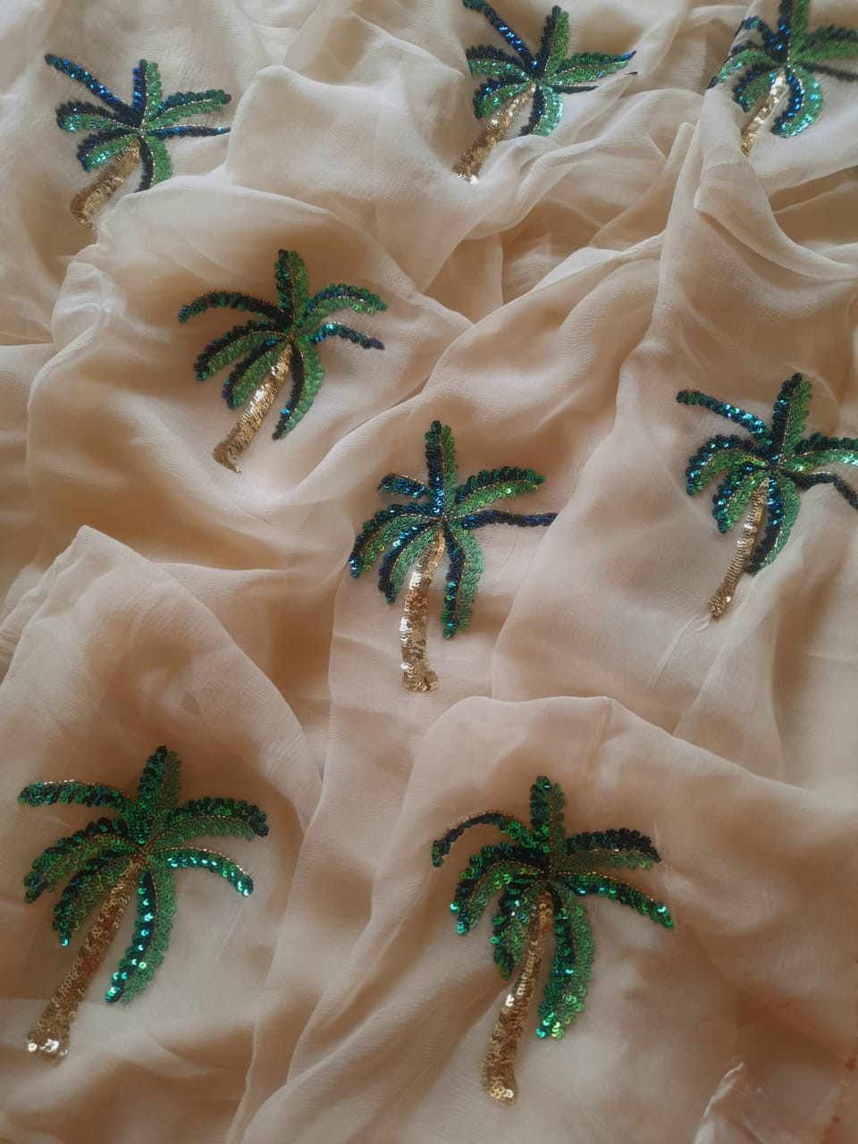 Tropical Whisper Hand-Embroidered Pure Chiffon Saree