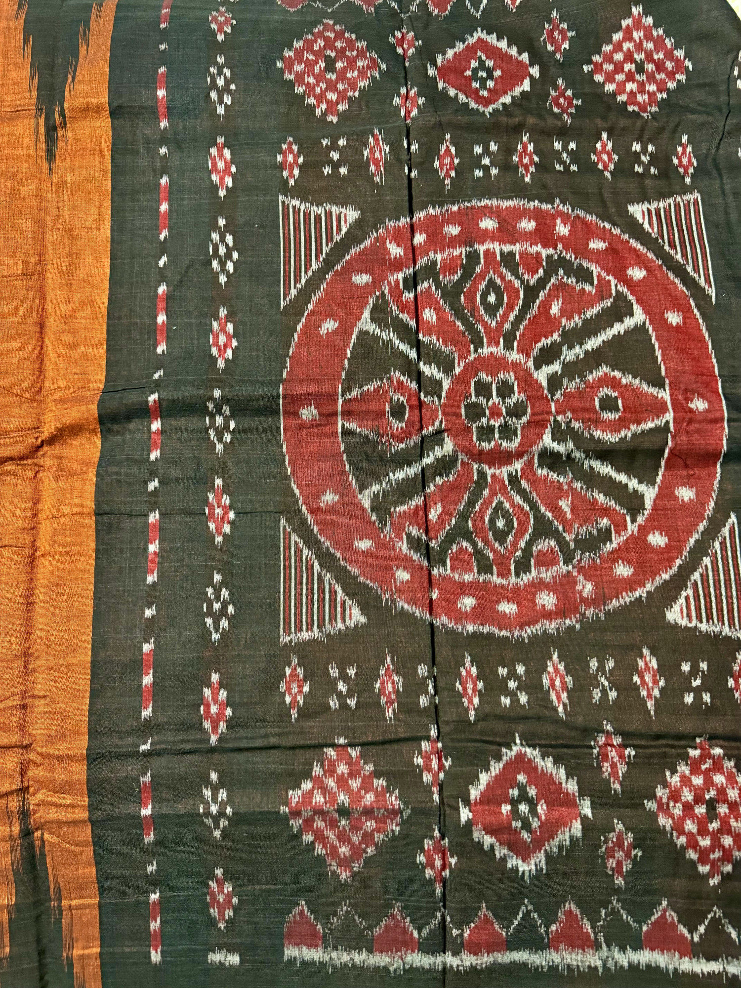 Mridangini Rustic Orange Handwoven Cotton Temple Border Ikat Saree