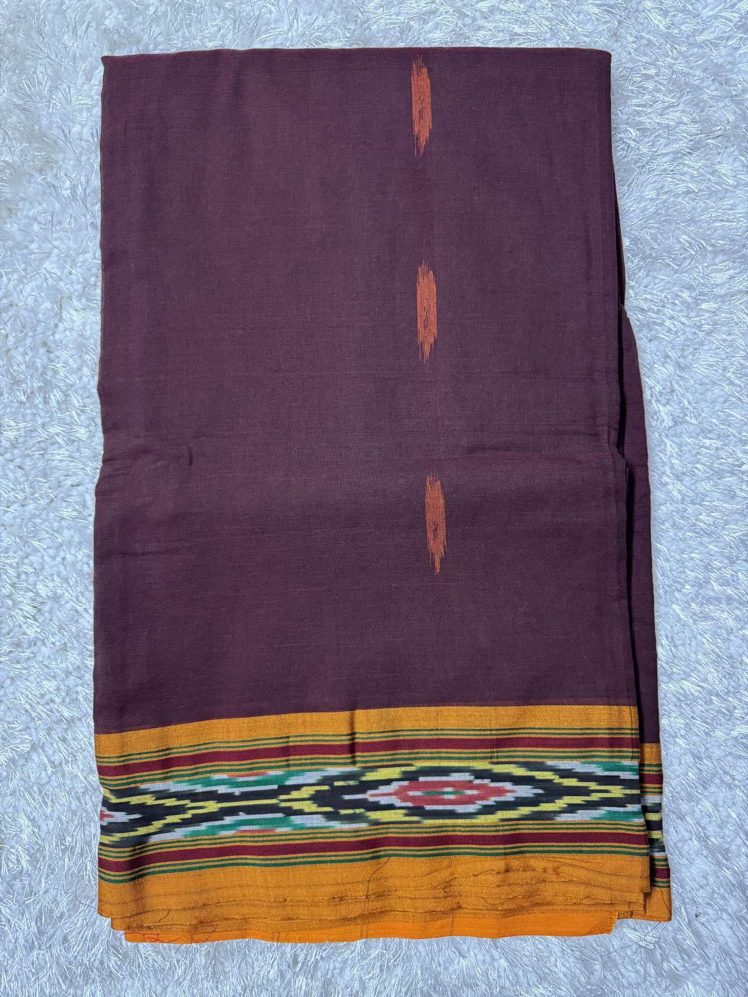Wine Brown Mustard Handwoven Ikat Cotton Saree Without Blouse