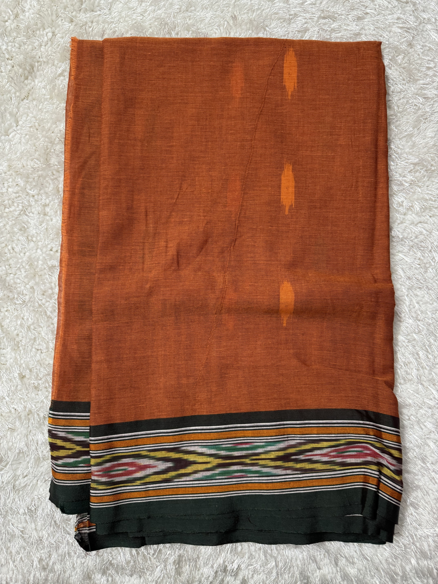 Rust Brown Pure Cotton Handwoven Ikat Saree No Blouse