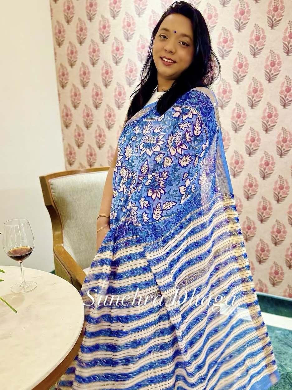 SAMANDAR NEELA-Maheshwari Silk Cotton Saree Handblock Prints