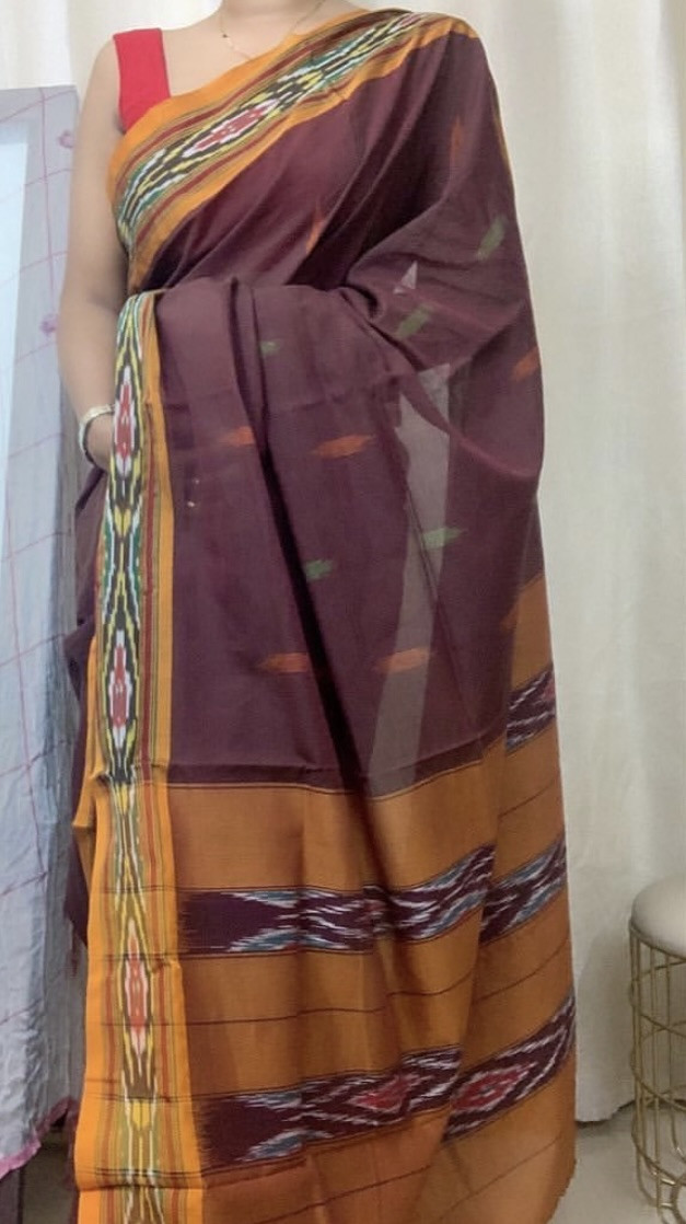 Wine Brown Mustard Handwoven Ikat Cotton Saree Without Blouse
