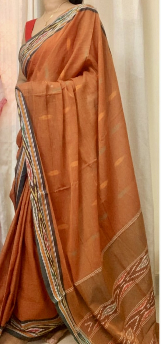 Rust Brown Pure Cotton Handwoven Ikat Saree No Blouse