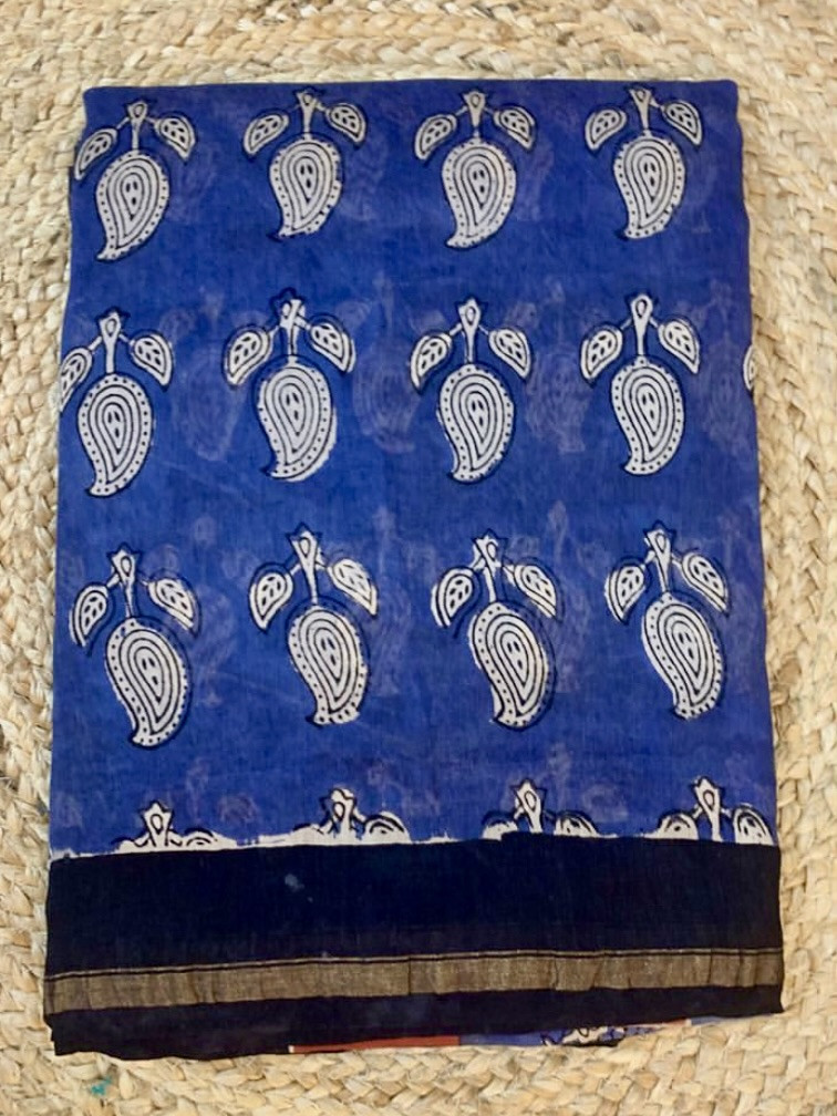 Neelpaakhi Indigo Chanderi Silk Cotton Saree with Beige contrast blouse