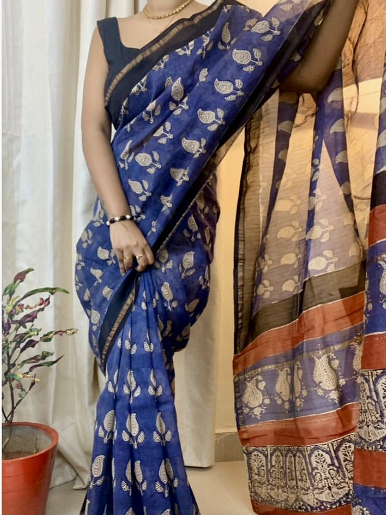 Neelpaakhi Indigo Chanderi Silk Cotton Saree with Beige contrast blouse