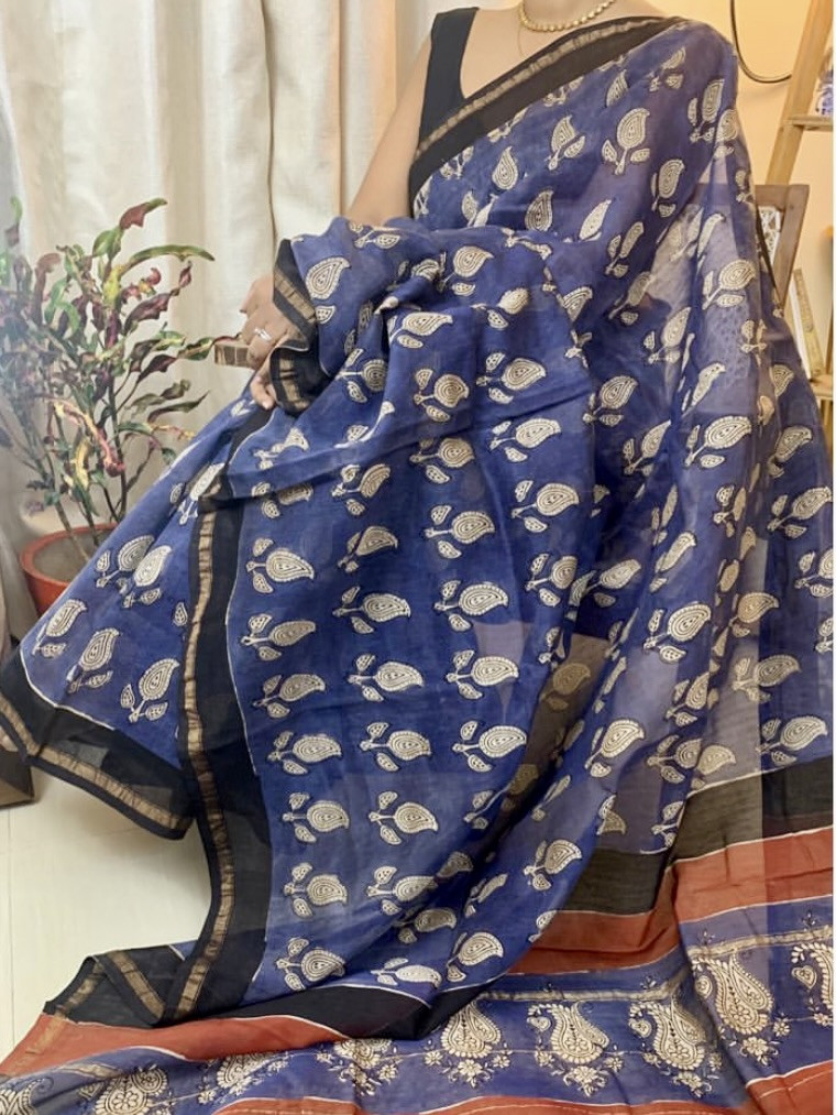 Neelpaakhi Indigo Chanderi Silk Cotton Saree with Beige contrast blouse