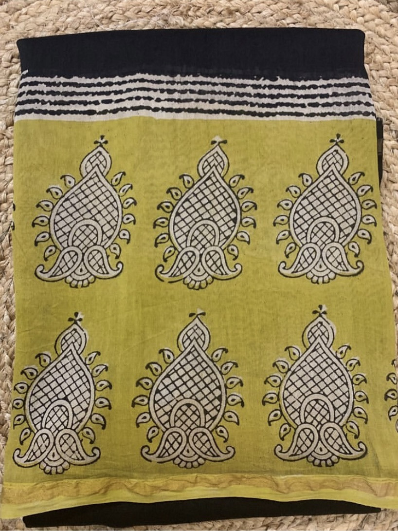 Noor Hand Block Printed Chanderi Saree in Black Mustard