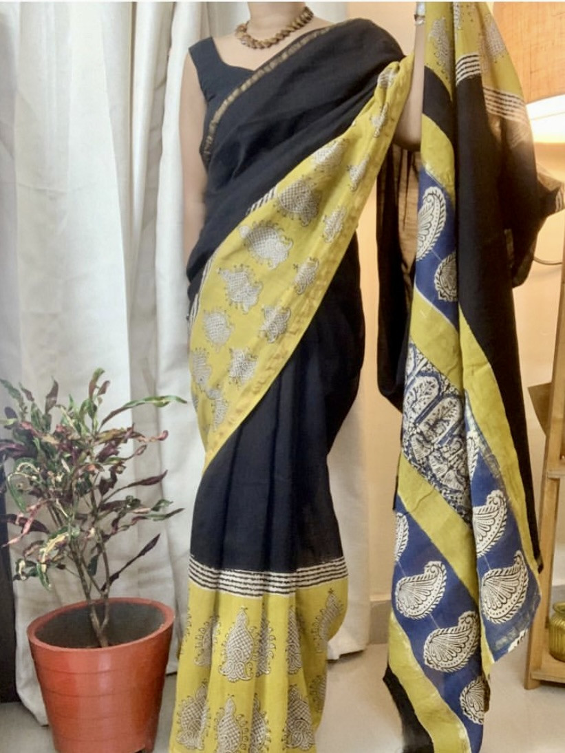 Noor Hand Block Printed Chanderi Saree in Black Mustard