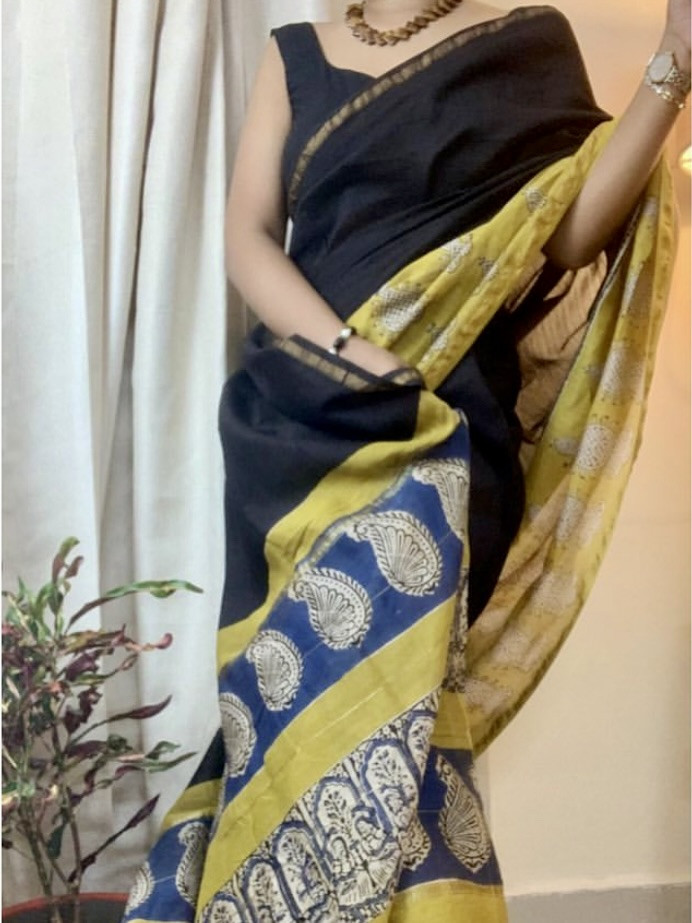 Noor Hand Block Printed Chanderi Saree in Black Mustard