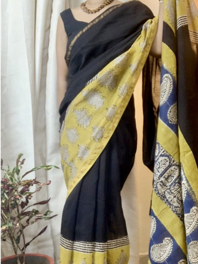 Noor Hand Block Printed Chanderi Saree in Black Mustard