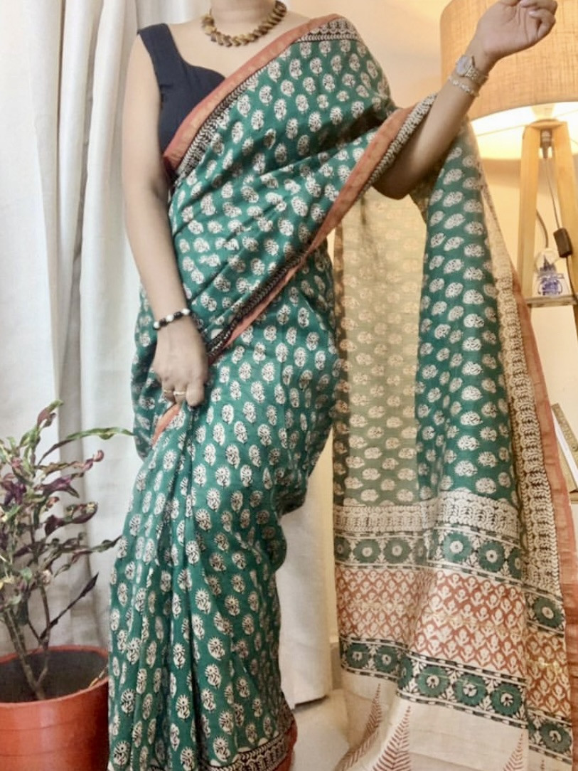 Forest Grace Chanderi Silk Cotton Hand Block Printed Saree