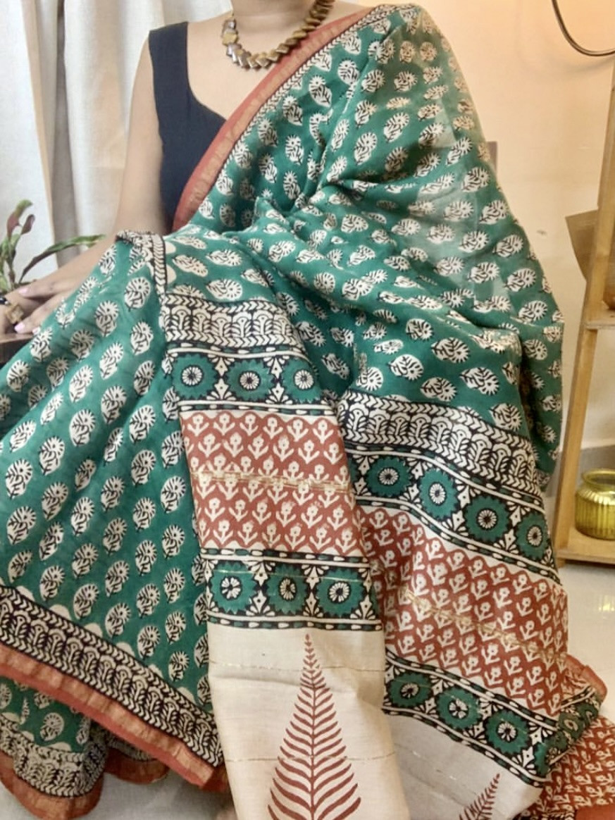 Forest Grace Chanderi Silk Cotton Hand Block Printed Saree
