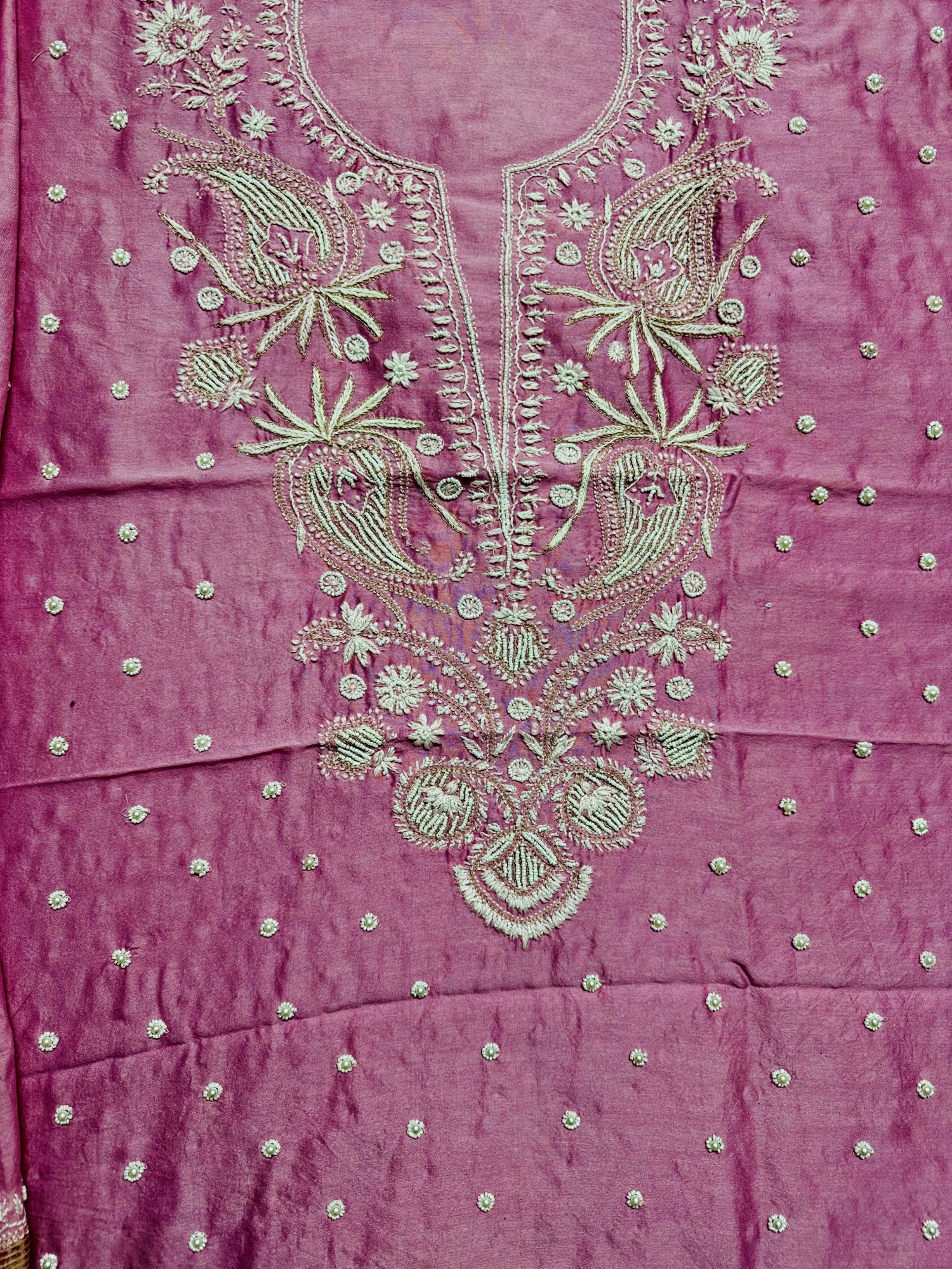 Blush Pink Pearl Chikankari Cotton-Silk Unstitched Suit Set