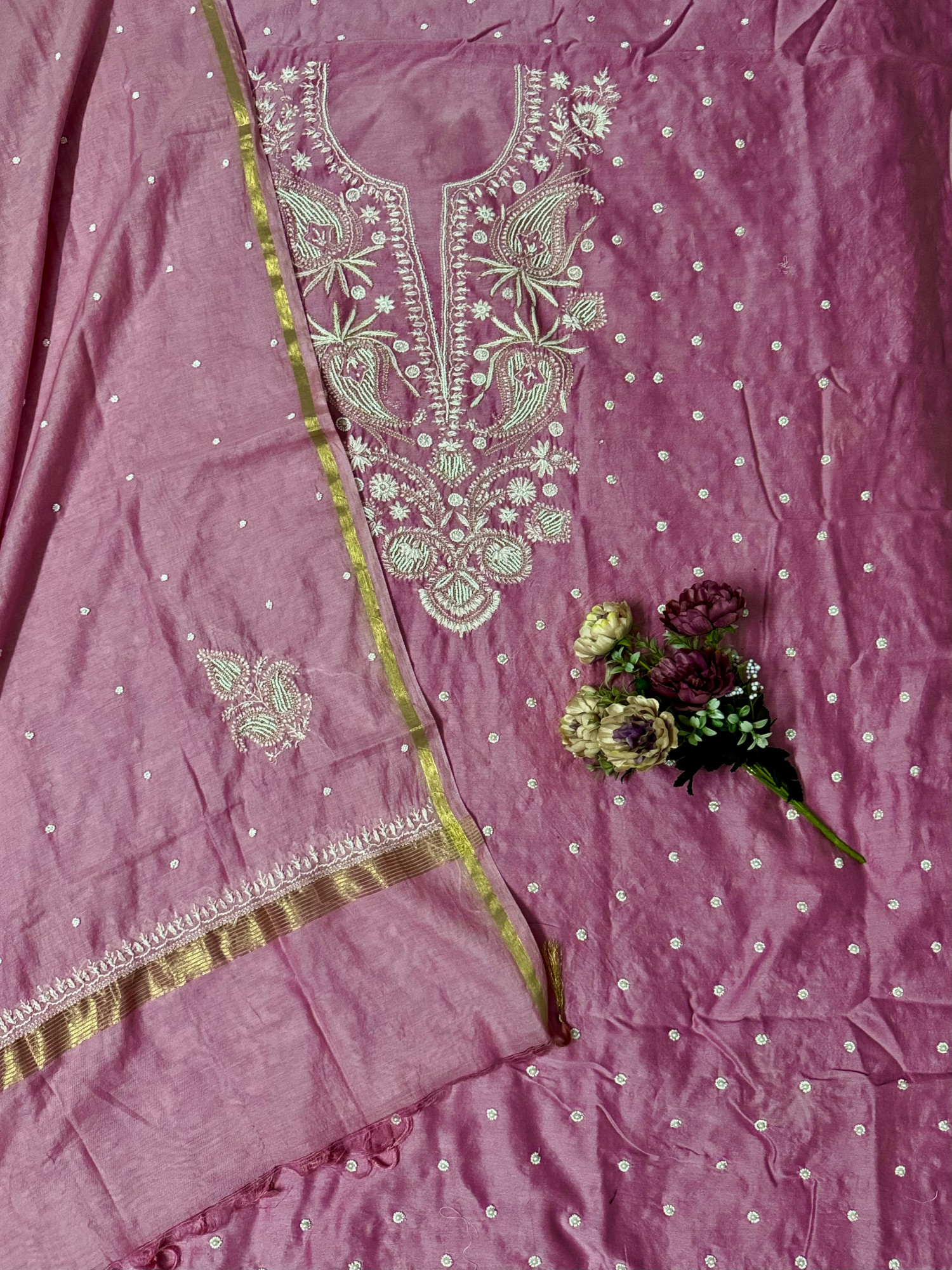 Blush Pink Pearl Chikankari Cotton-Silk Unstitched Suit Set