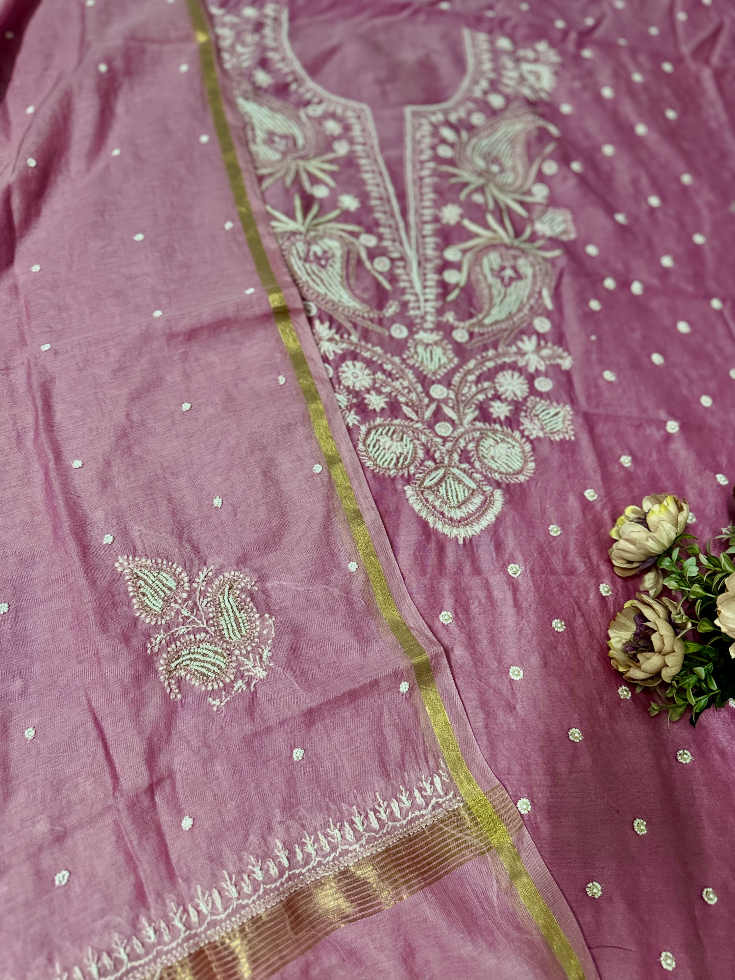 Blush Pink Pearl Chikankari Cotton-Silk Unstitched Suit Set