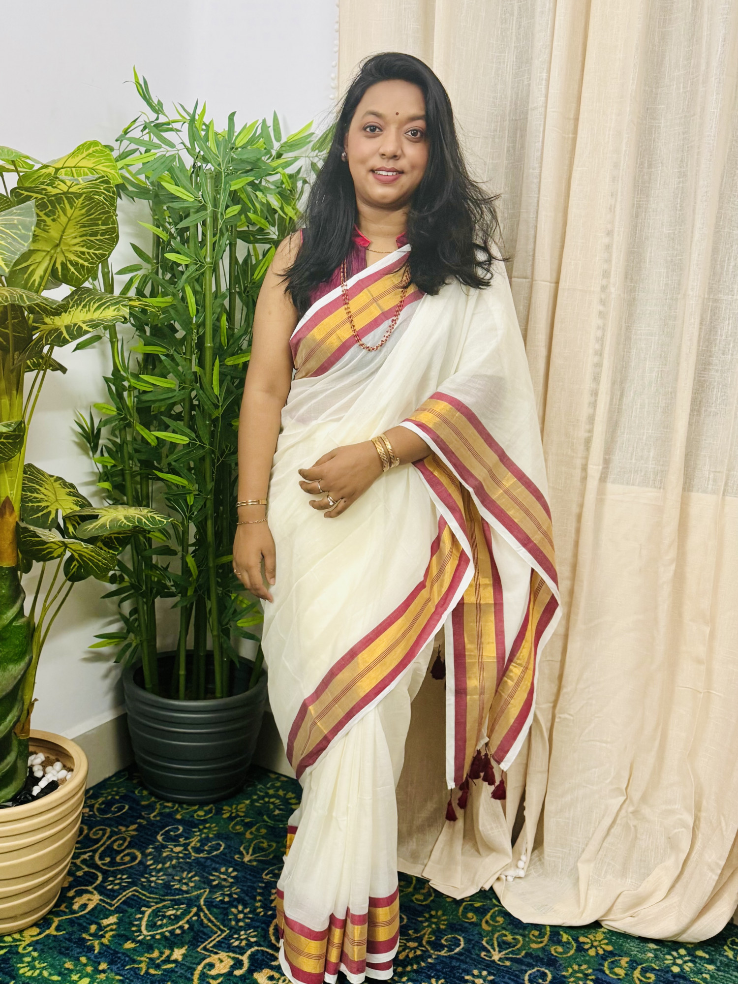White Mulmul Cotton Saree with Red Golden Zari Border