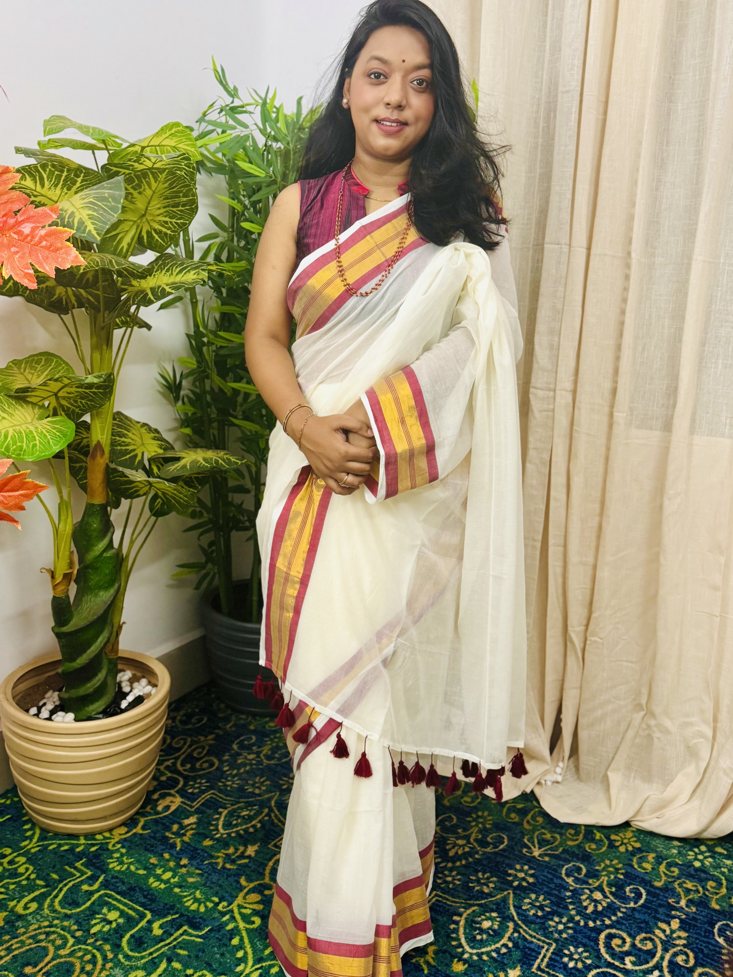 White Mulmul Cotton Saree with Red Golden Zari Border